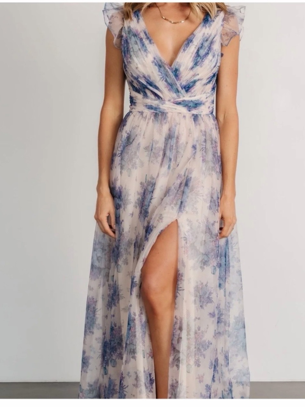 Dimitri Floral V-Neck Flutter Sleeve Maxi Dress, Baltic Born